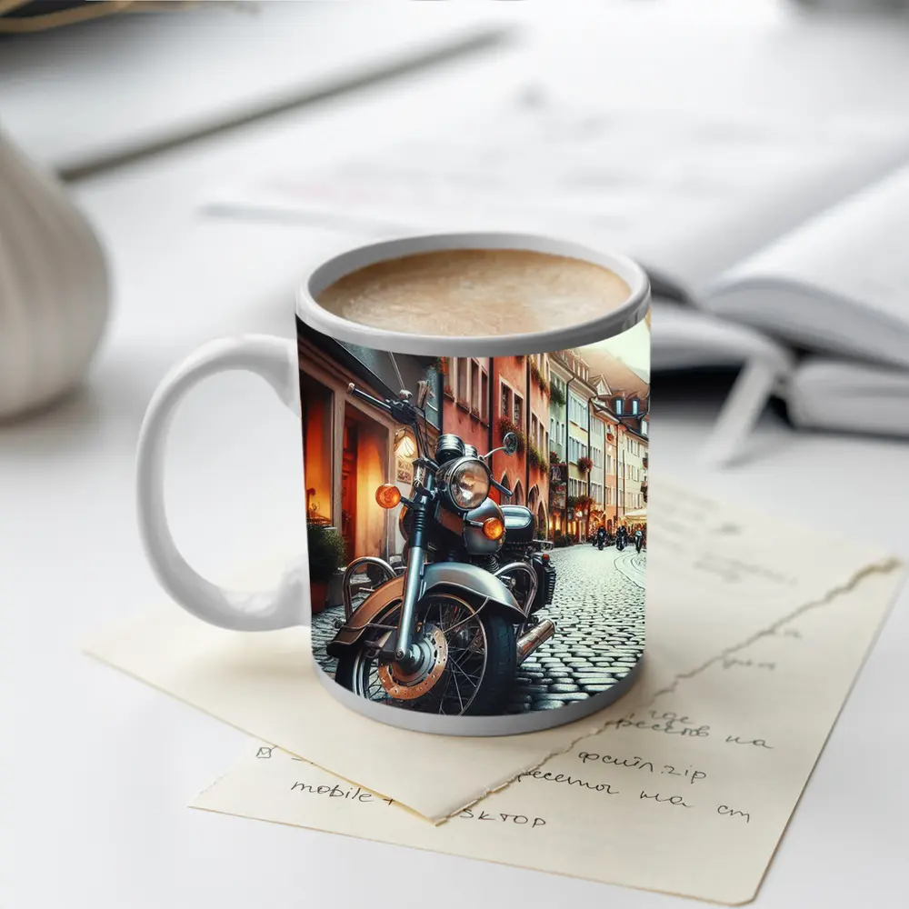 Classic Cruiser Motorcycle Parked Cobblestone European Street – Mugs