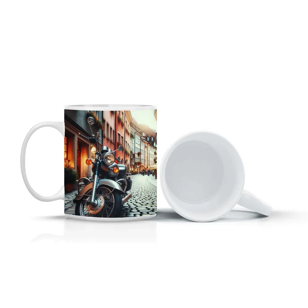 Classic Cruiser Motorcycle Parked Cobblestone European Street – Mugs