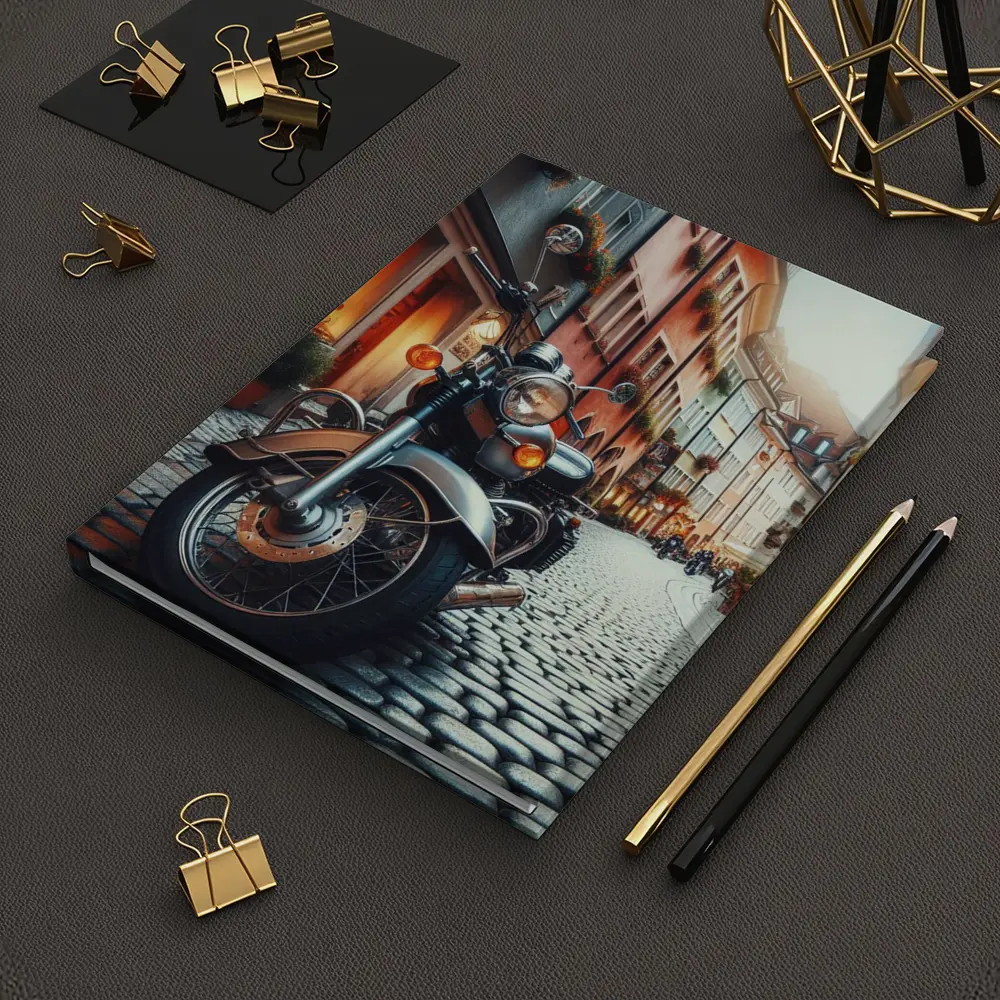 Classic Cruiser Motorcycle Parked Cobblestone European Street – Notebooks