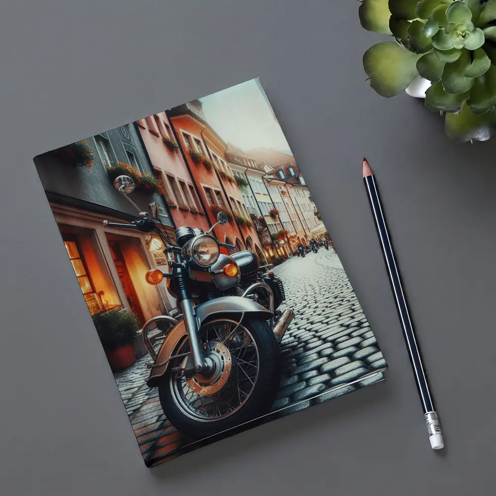 Classic Cruiser Motorcycle Parked Cobblestone European Street – Notebooks