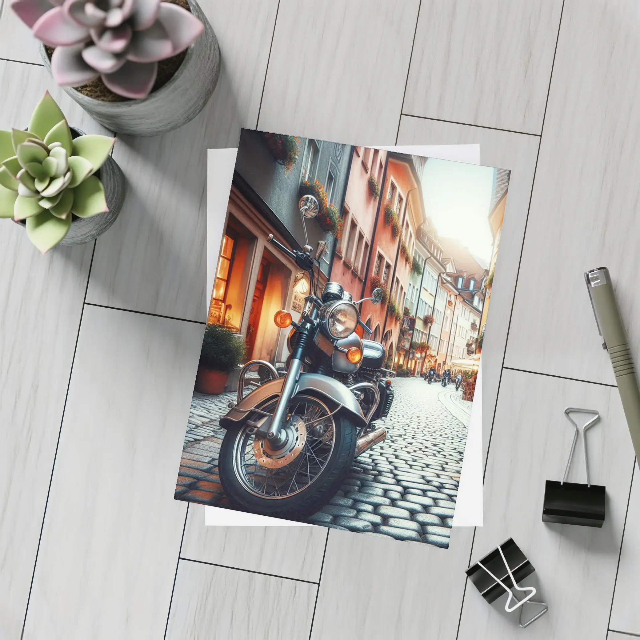 Classic Cruiser Motorcycle Parked Cobblestone European Street – Postcards