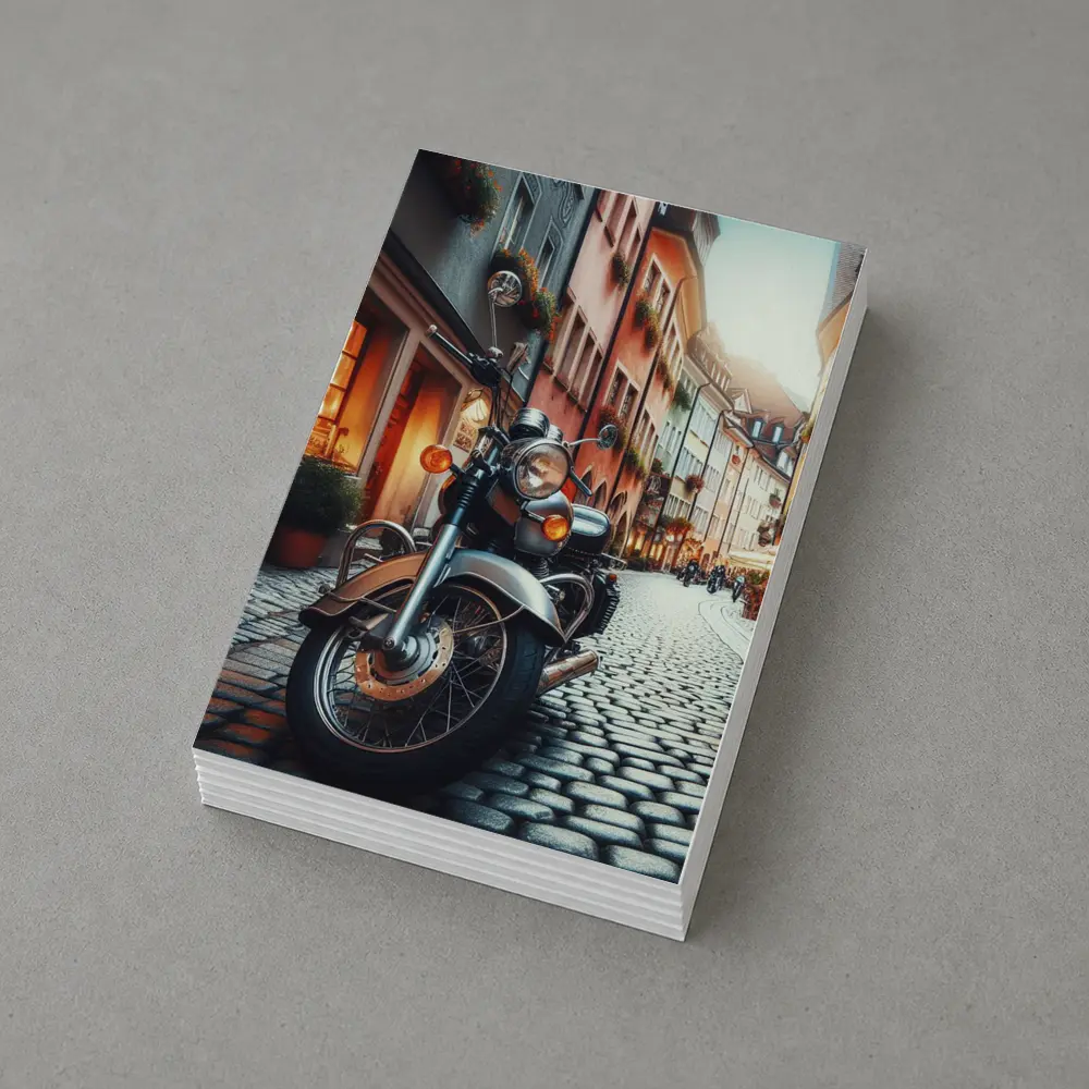 Classic Cruiser Motorcycle Parked Cobblestone European Street – Postcards