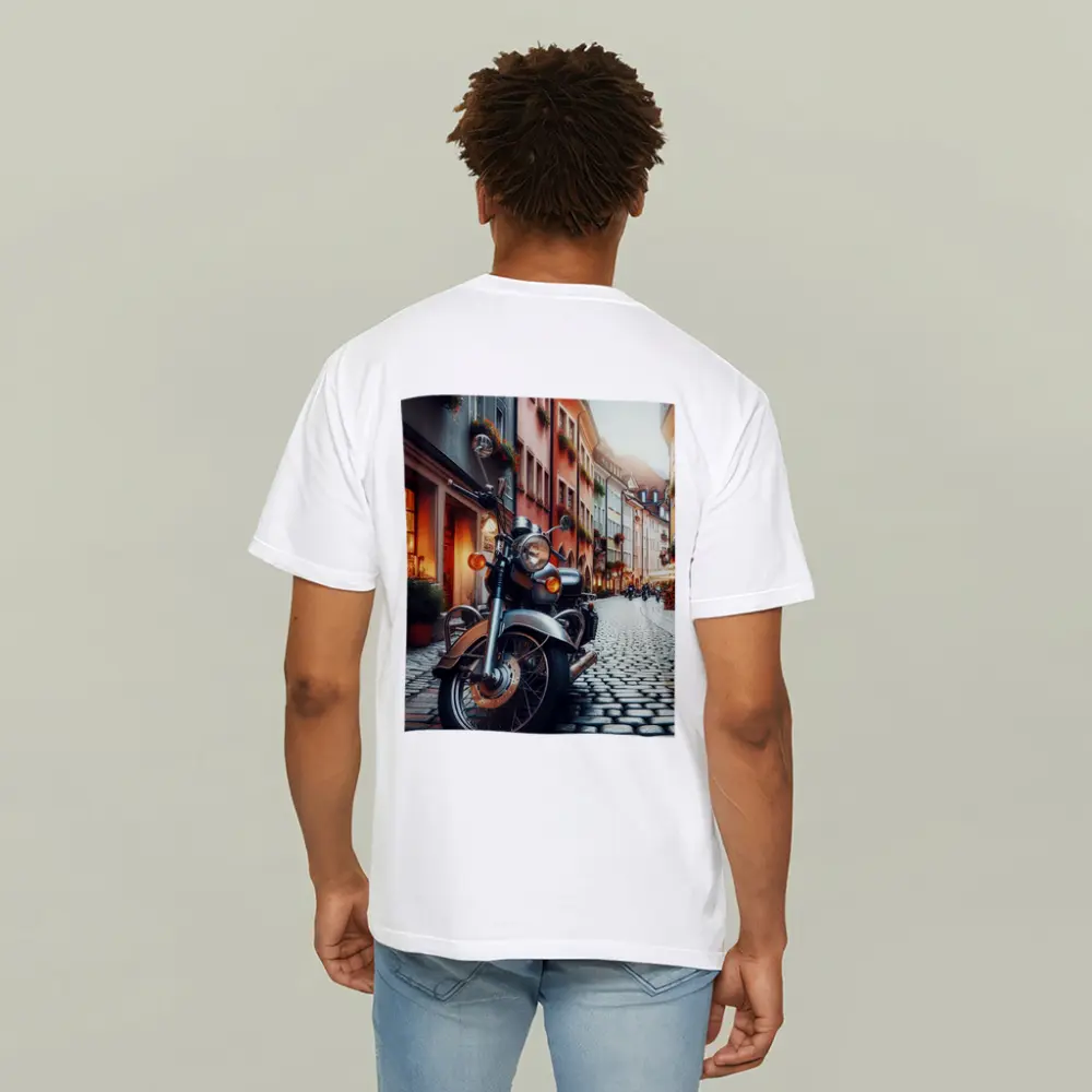 Classic Cruiser Motorcycle Parked Cobblestone European Street – T-Shirts
