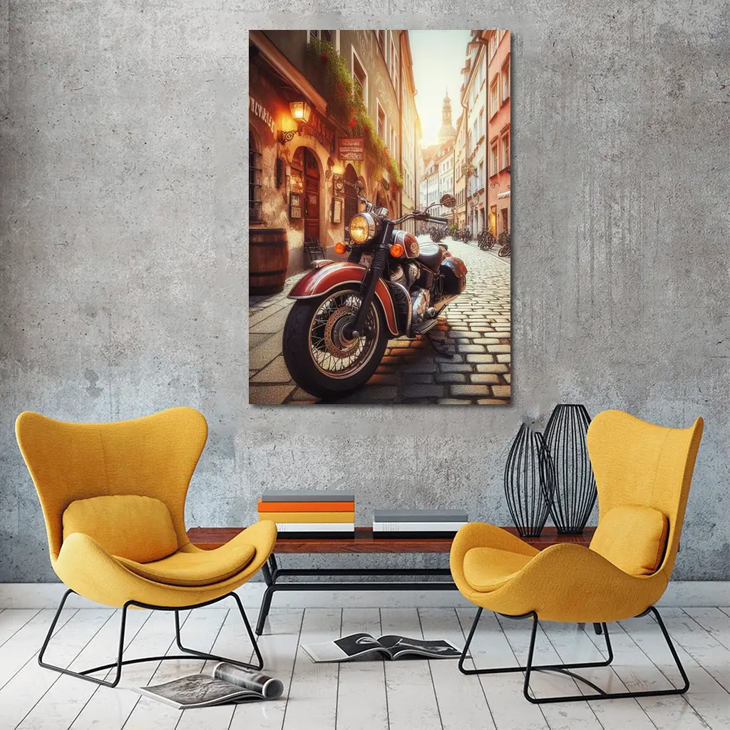 Classic Cruiser Motorcycle Cobblestone European Street – Wall Art