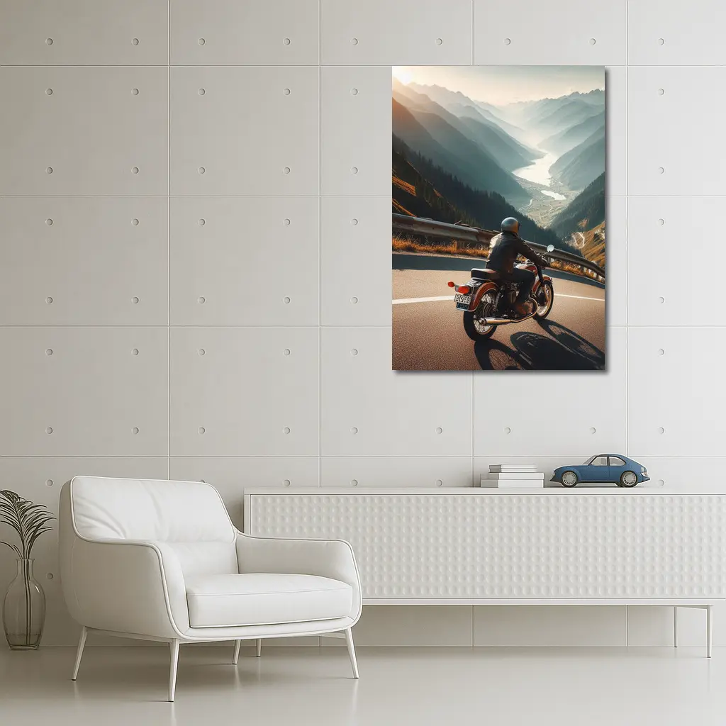 Vintage Cafe Racer Motorcycle Mountain Valley Road – Wall Art
