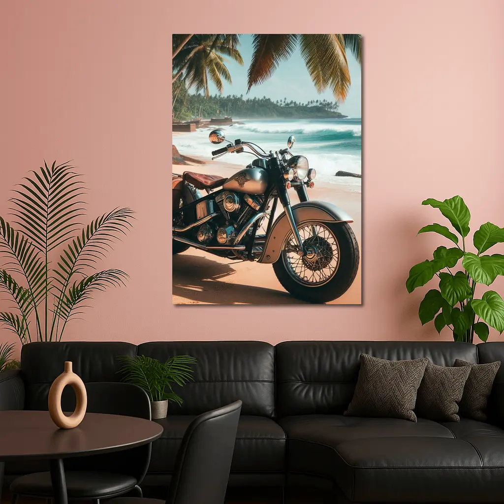 Cruiser Motorcycle Parked on Tropical Beach – Wall Art