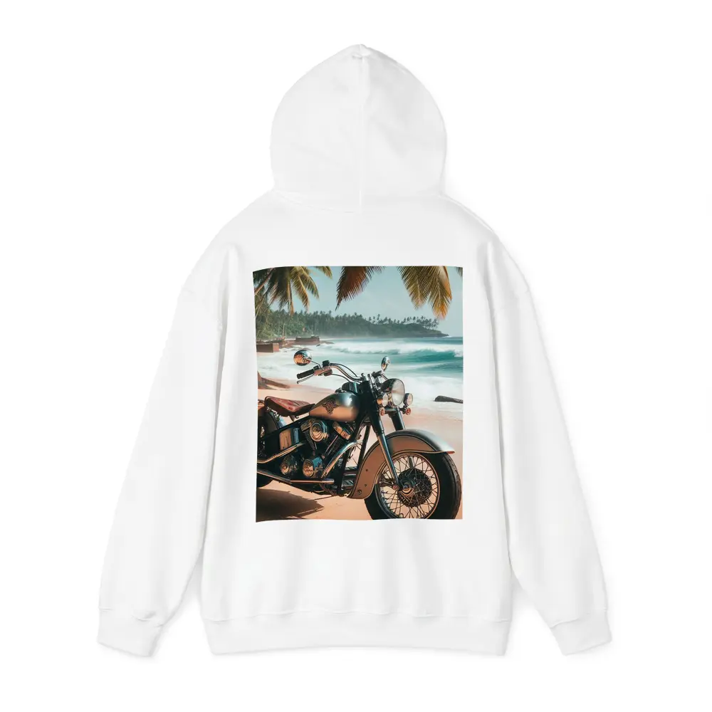 Cruiser Motorcycle Parked on Tropical Beach – Hoodies
