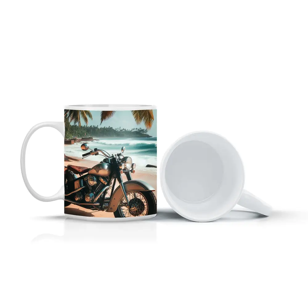 Cruiser Motorcycle Parked on Tropical Beach – Mugs
