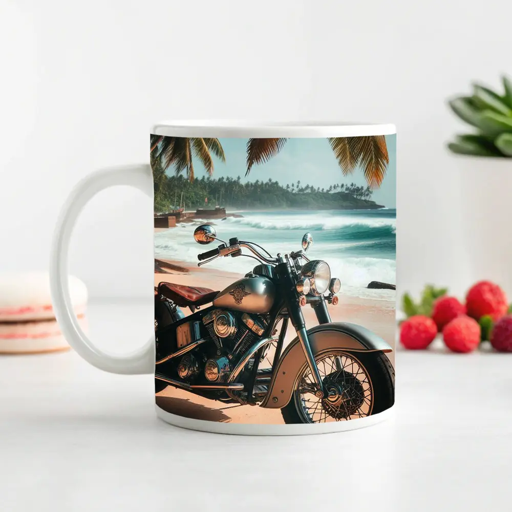Cruiser Motorcycle Parked on Tropical Beach – Mugs