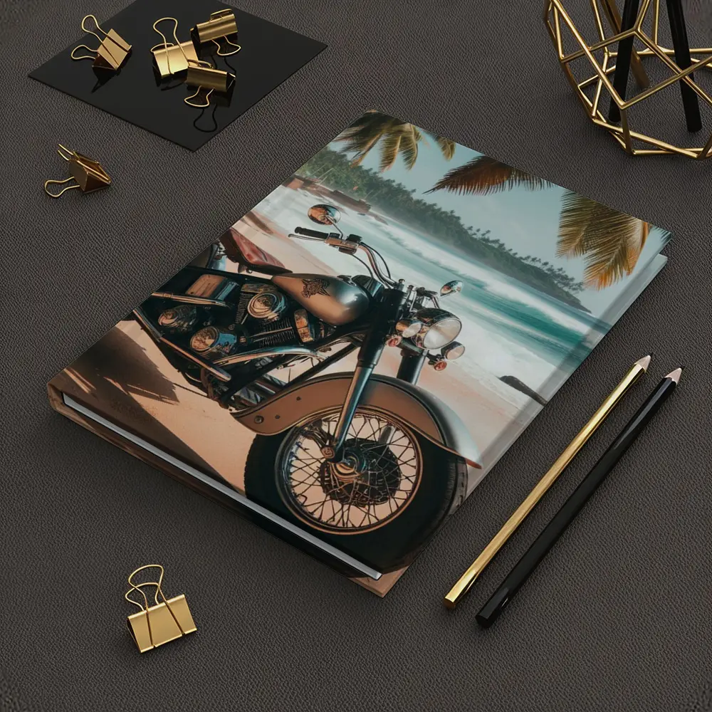 Cruiser Motorcycle Parked on Tropical Beach – Notebooks