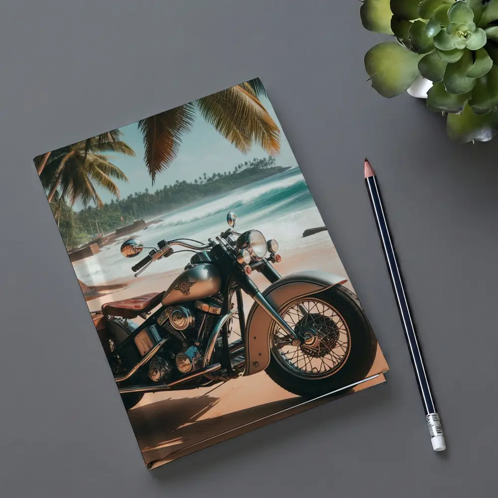 Cruiser Motorcycle Parked on Tropical Beach – Notebooks