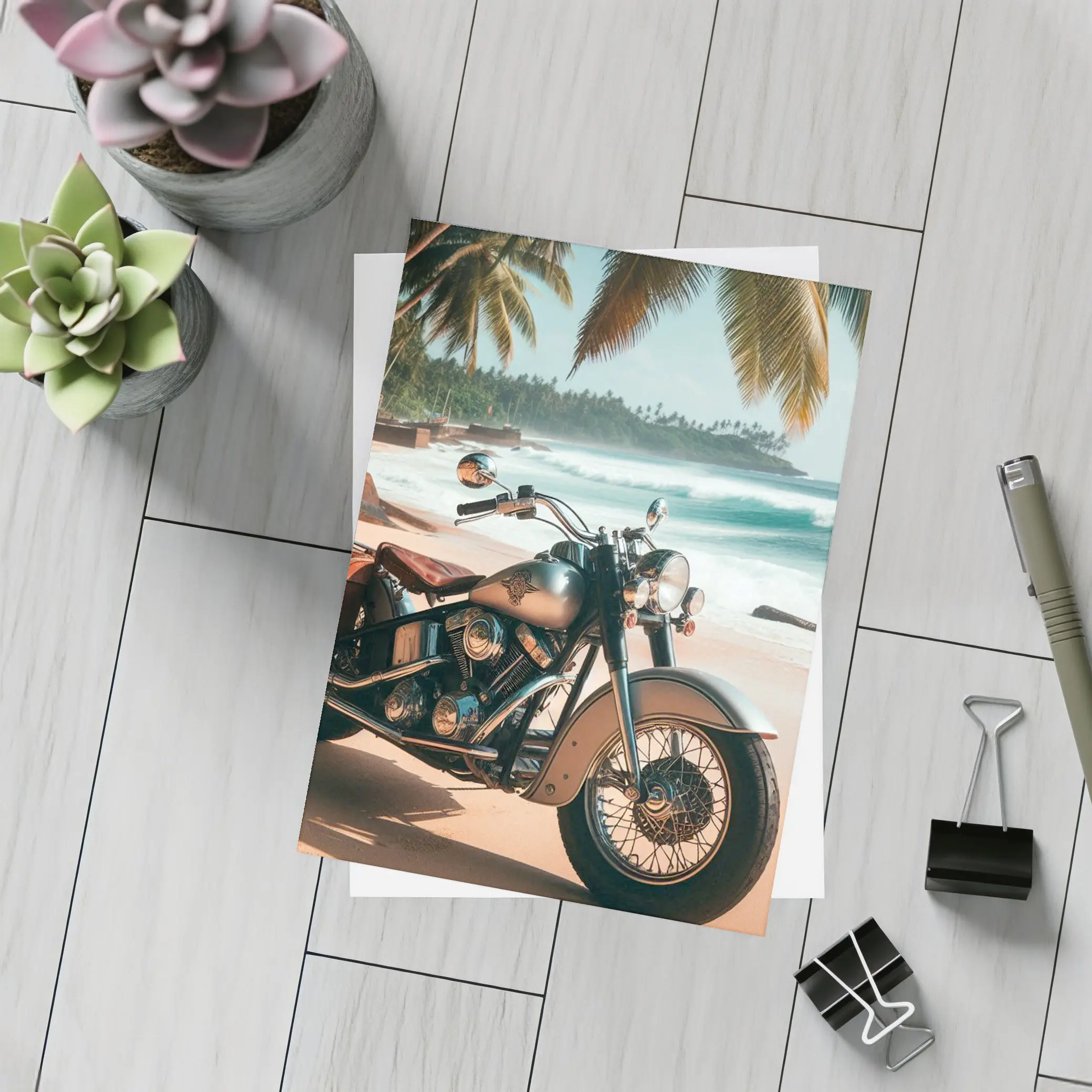 Cruiser Motorcycle Parked on Tropical Beach – Postcards