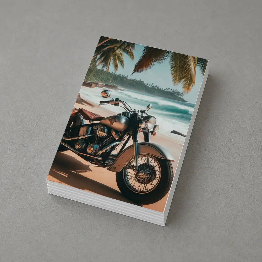 Cruiser Motorcycle Parked on Tropical Beach – Postcards