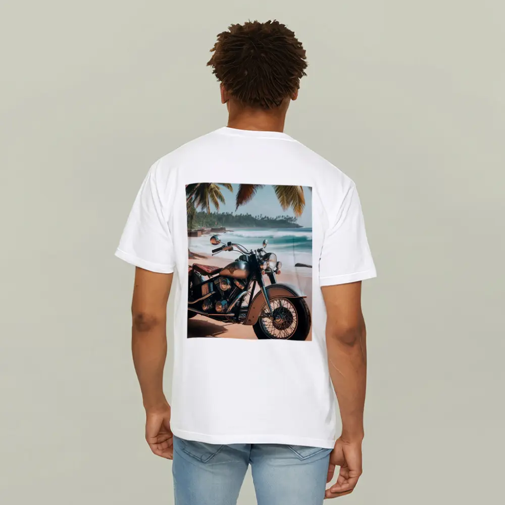 Cruiser Motorcycle Parked on Tropical Beach – T-Shirts