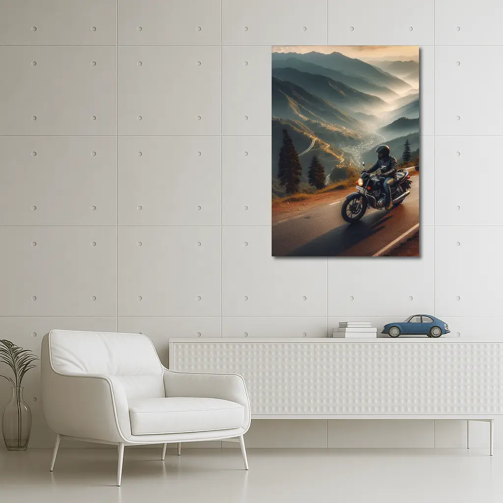 Motorcycle Rider Mountain Road Misty Valley – Wall Art