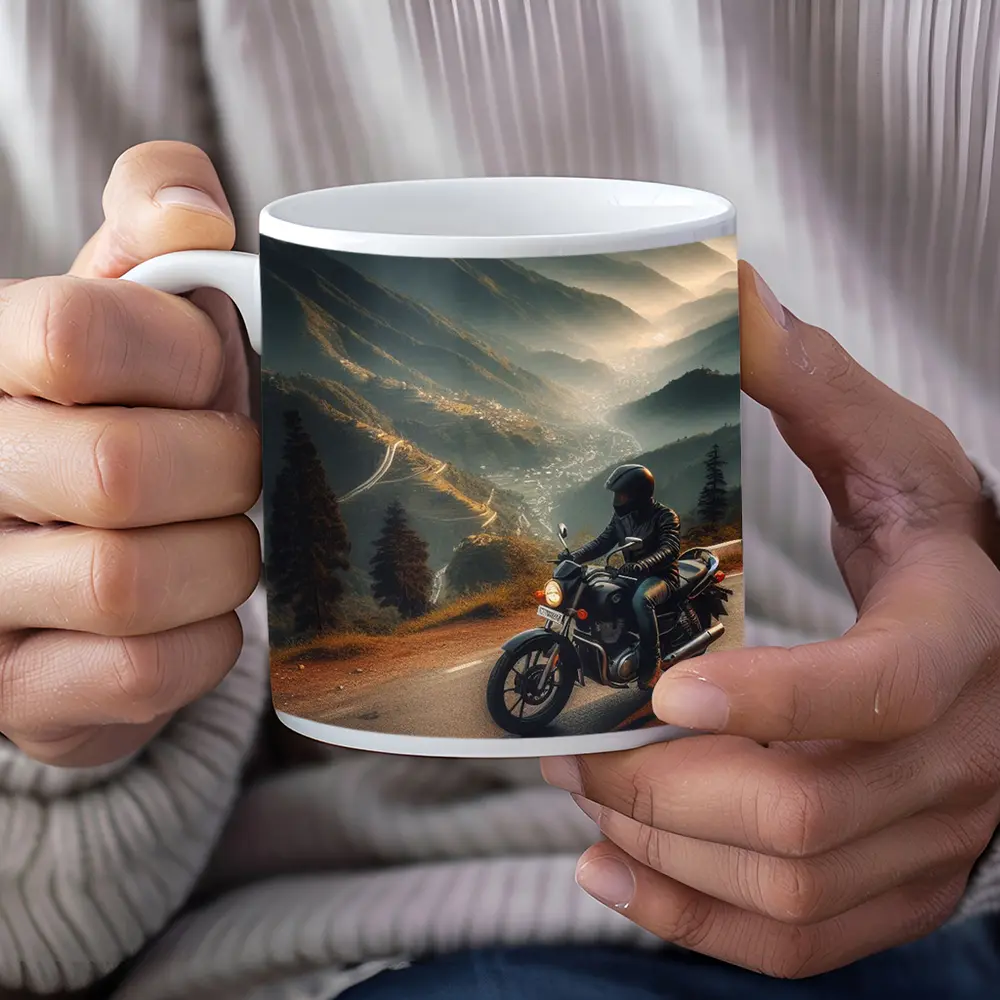 Motorcycle Rider Mountain Road Misty Valley – Mugs