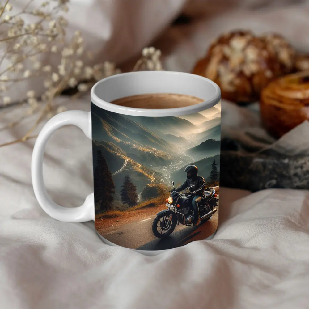 Motorcycle Rider Mountain Road Misty Valley – Mugs