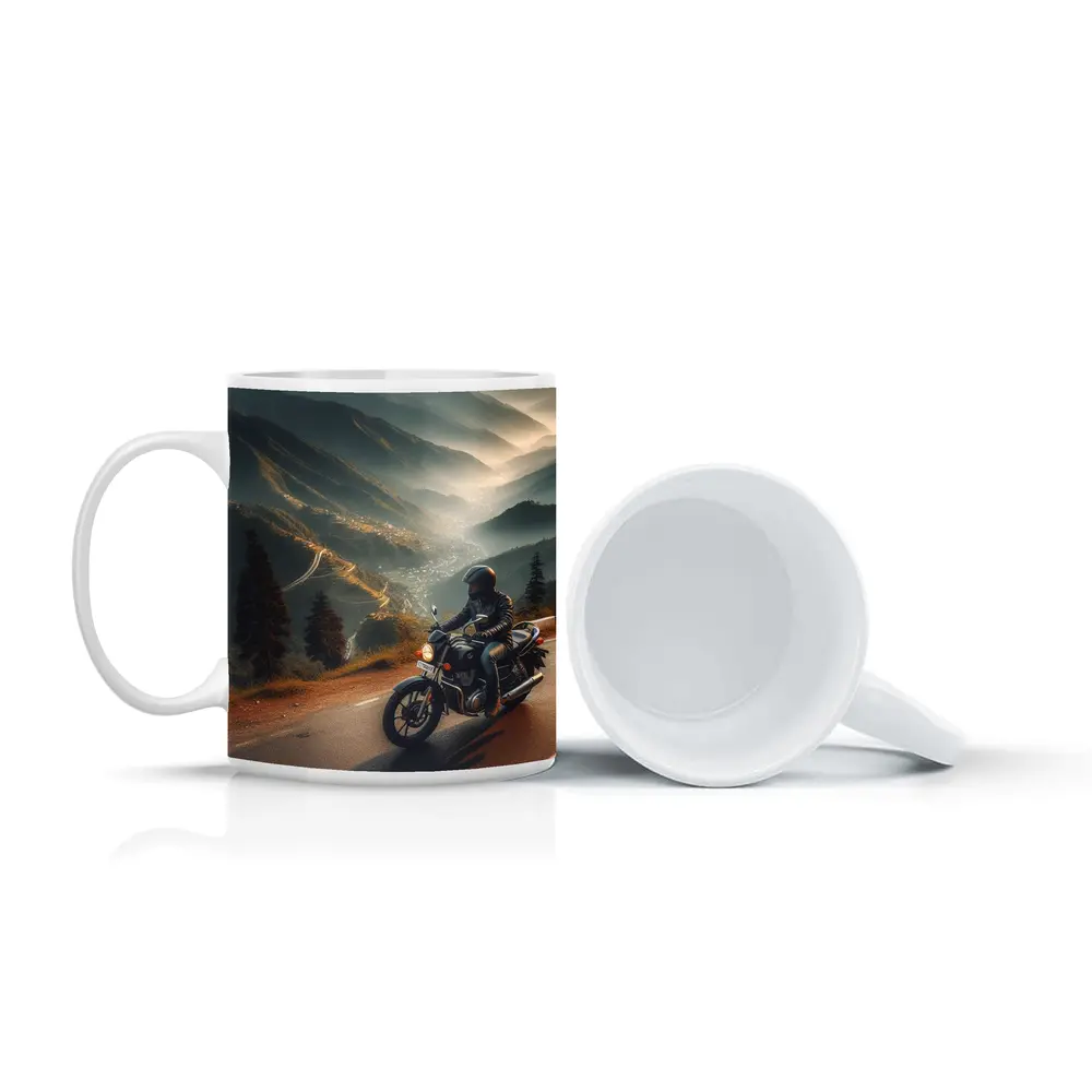 Motorcycle Rider Mountain Road Misty Valley – Mugs