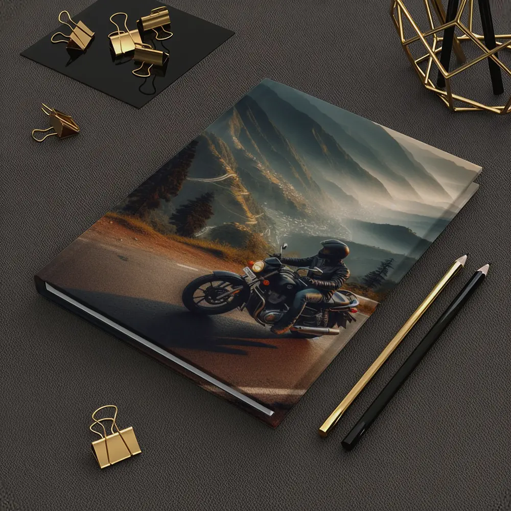 Motorcycle Rider Mountain Road Misty Valley – Notebooks