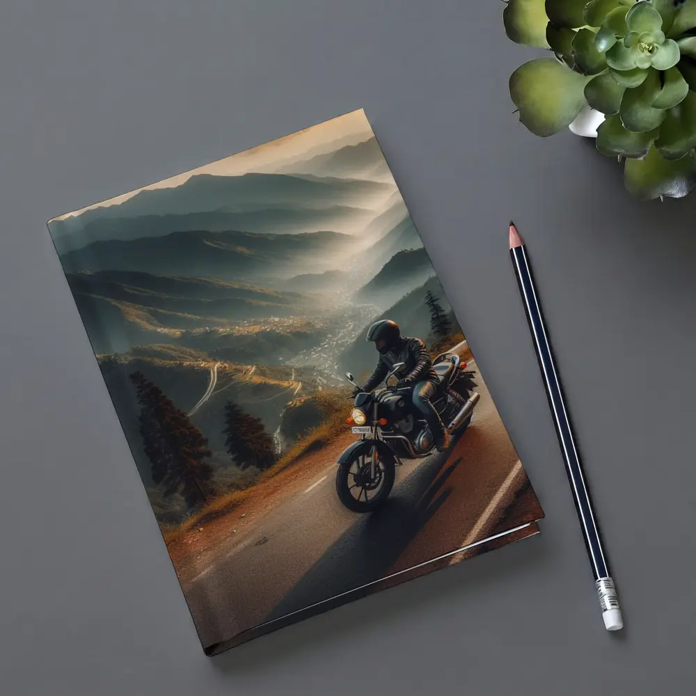 Motorcycle Rider Mountain Road Misty Valley – Notebooks