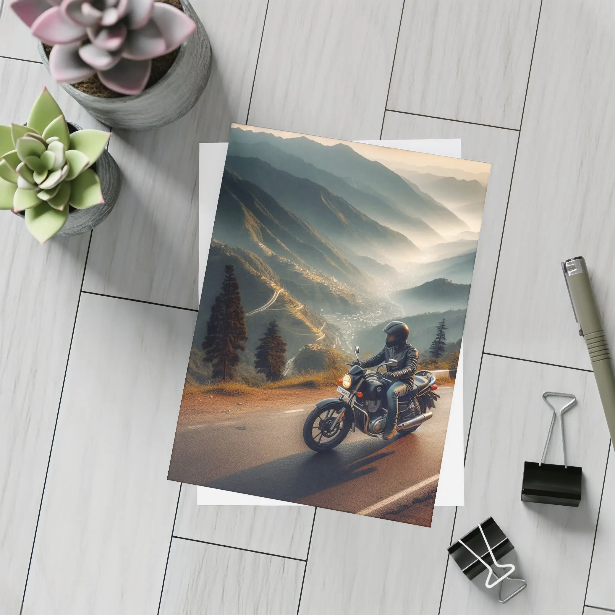 Motorcycle Rider Mountain Road Misty Valley – Postcards