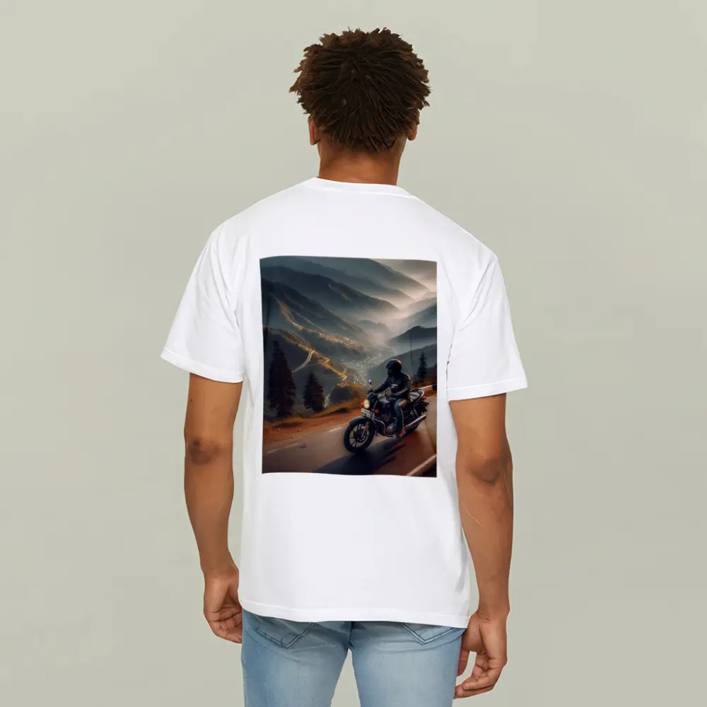 Motorcycle Rider Mountain Road Misty Valley – T-Shirts