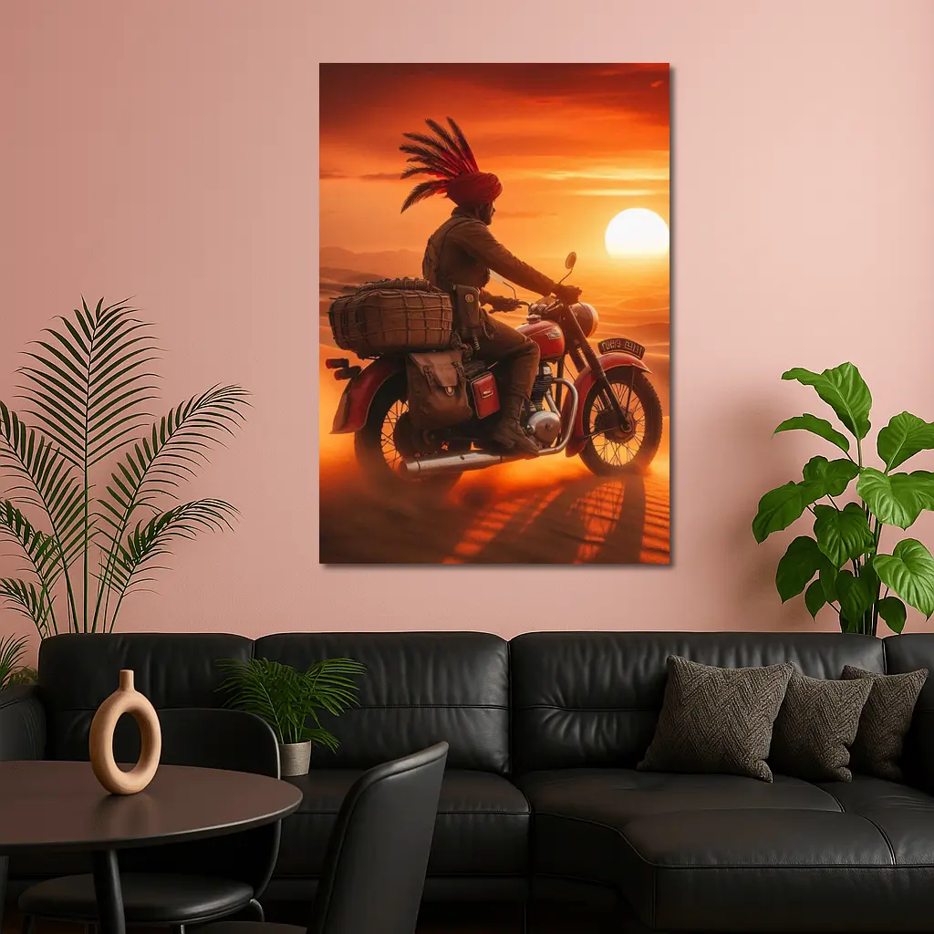 Rider on Motorcycle Desert Sunset Scene – Wall Art