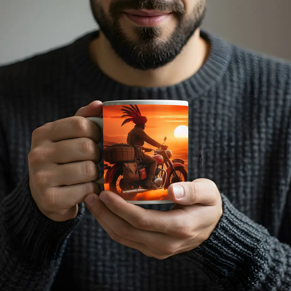 Rider on Motorcycle Desert Sunset Scene – Mugs