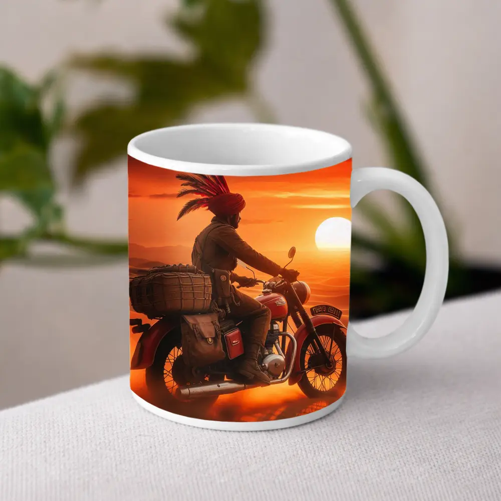 Rider on Motorcycle Desert Sunset Scene – Mugs