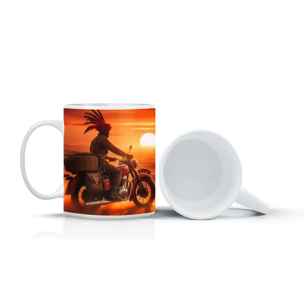 Rider on Motorcycle Desert Sunset Scene – Mugs