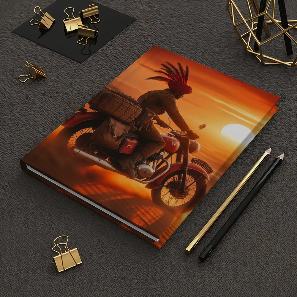 Rider on Motorcycle Desert Sunset Scene – Notebooks