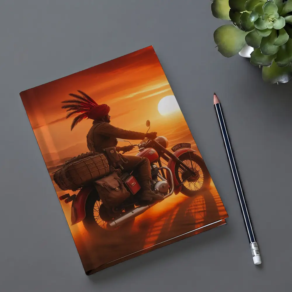 Rider on Motorcycle Desert Sunset Scene – Notebooks