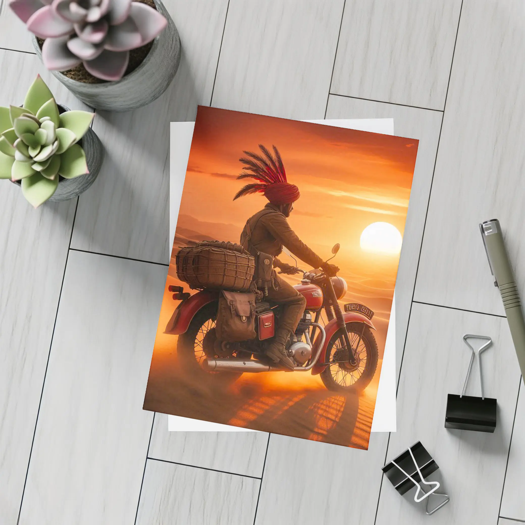 Rider on Motorcycle Desert Sunset Scene – Postcards