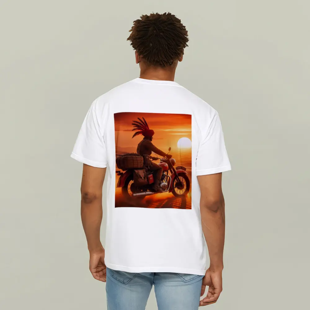 Rider on Motorcycle Desert Sunset Scene – T-Shirts