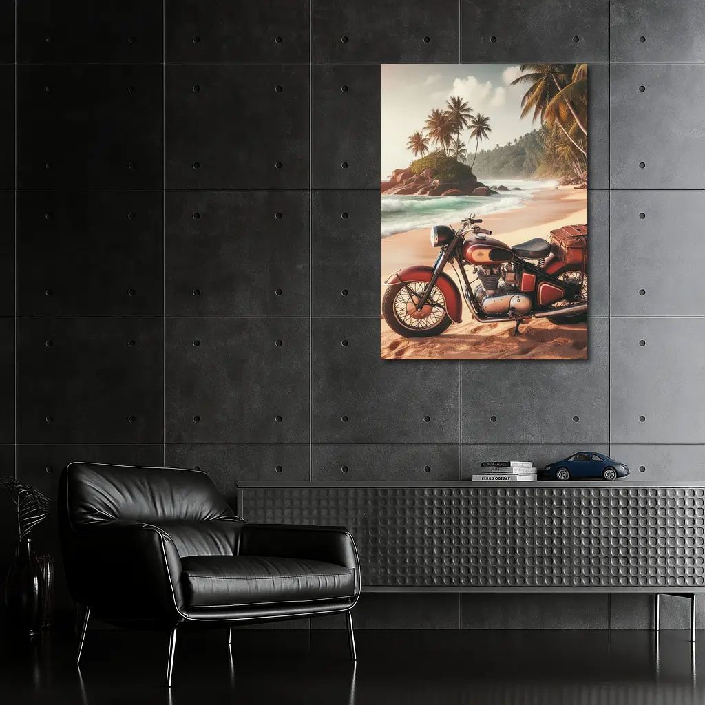 Vintage Red Cruiser Motorcycle Tropical Beach – Wall Art