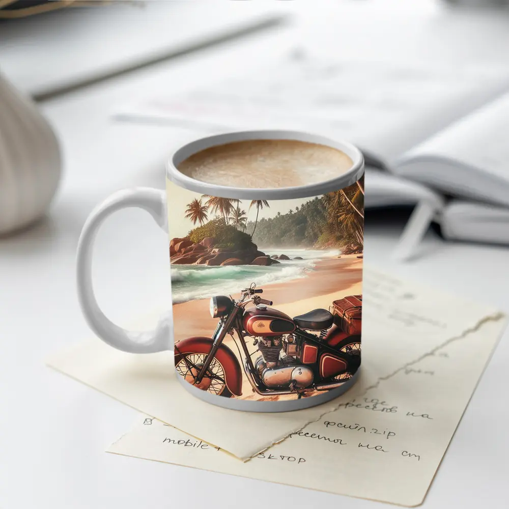 Vintage Red Cruiser Motorcycle Tropical Beach – Mugs