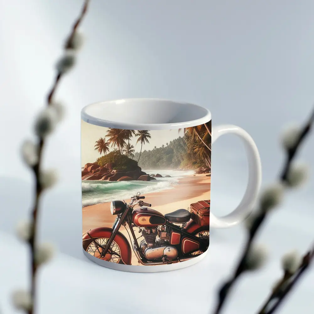 Vintage Red Cruiser Motorcycle Tropical Beach – Mugs