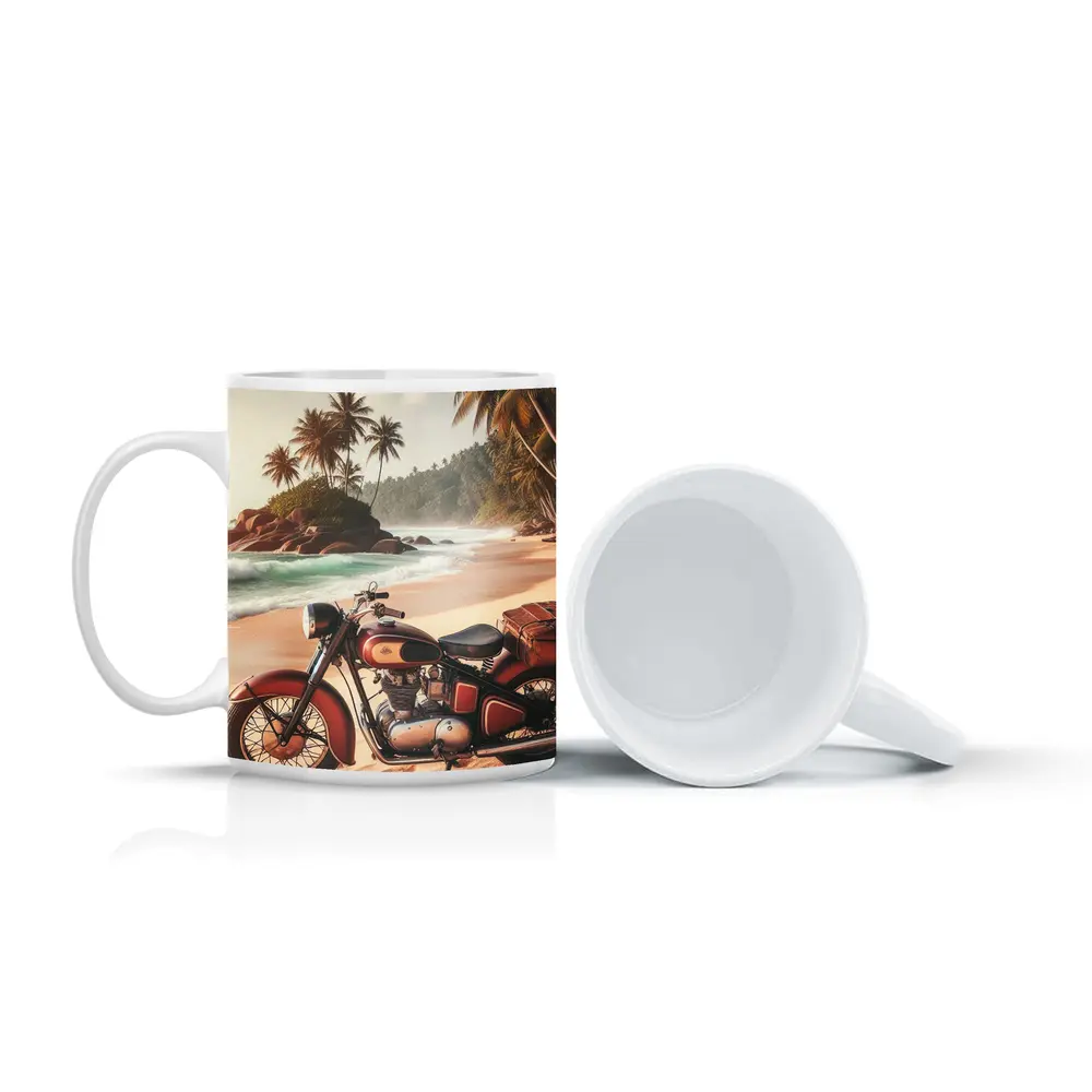 Vintage Red Cruiser Motorcycle Tropical Beach – Mugs