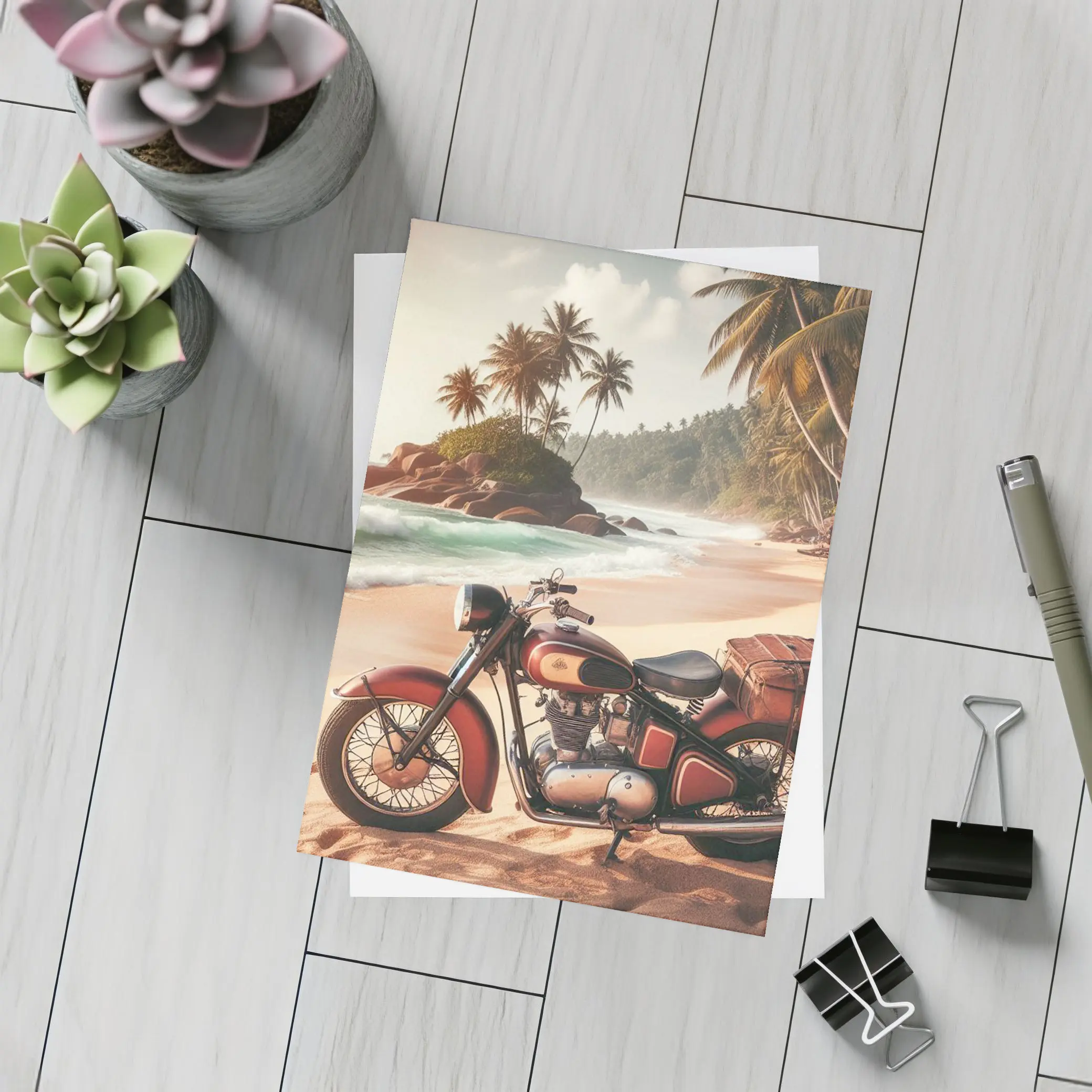 Vintage Red Cruiser Motorcycle Tropical Beach – Postcards
