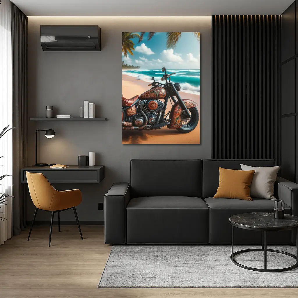 Ornate Chopper Motorcycle on Tropical Beach – Wall Art