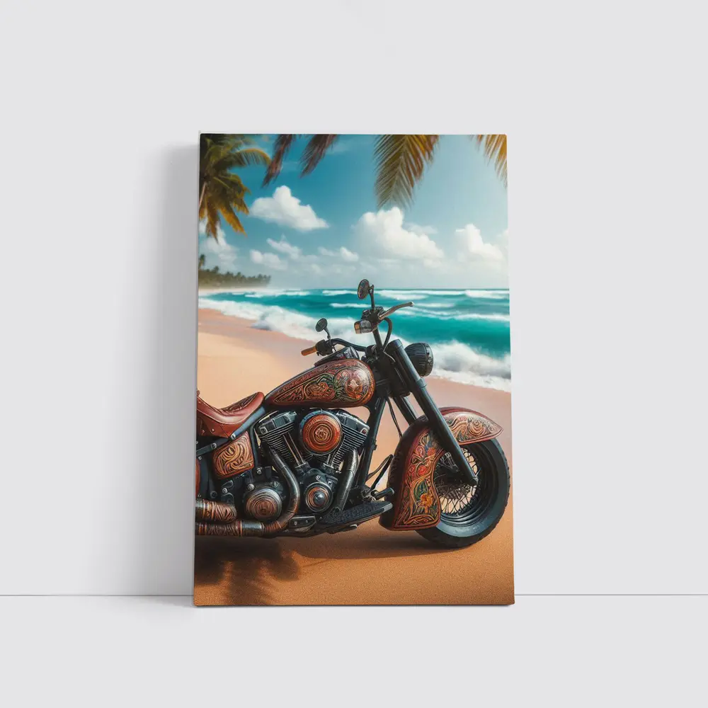 Ornate Chopper Motorcycle on Tropical Beach – Wall Art