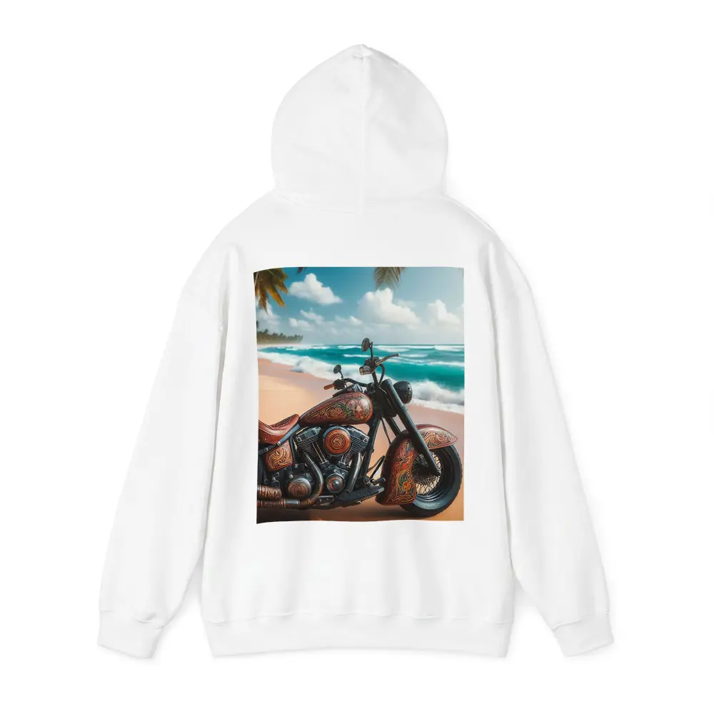Ornate Chopper Motorcycle on Tropical Beach – Hoodies