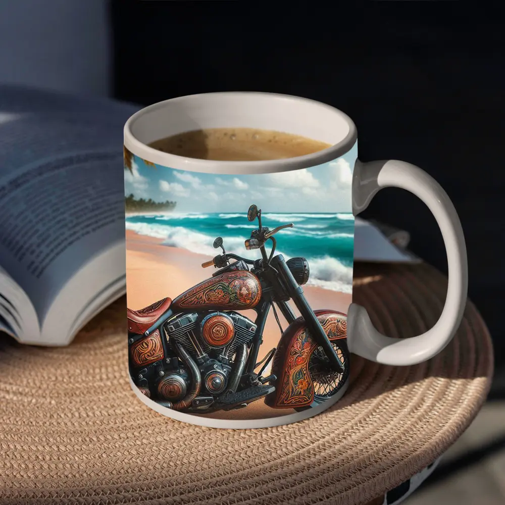 Ornate Chopper Motorcycle on Tropical Beach – Mugs