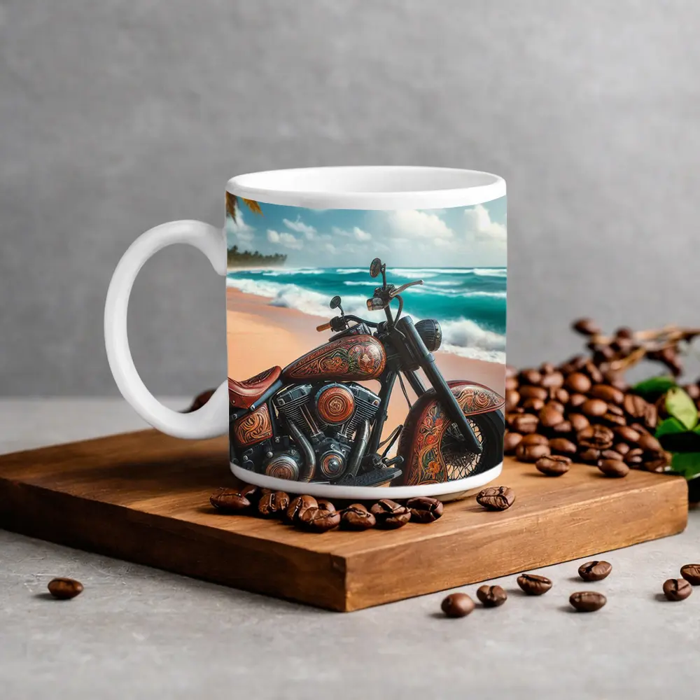 Ornate Chopper Motorcycle on Tropical Beach – Mugs