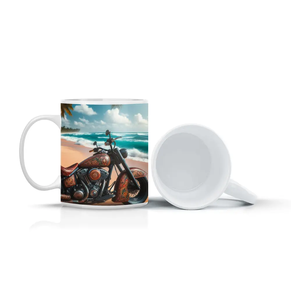 Ornate Chopper Motorcycle on Tropical Beach – Mugs