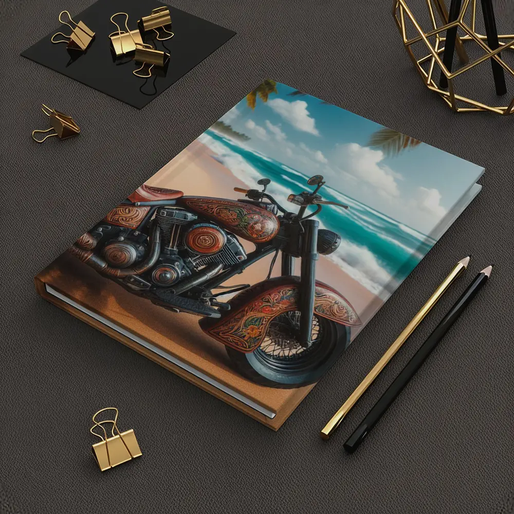 Ornate Chopper Motorcycle on Tropical Beach – Notebooks