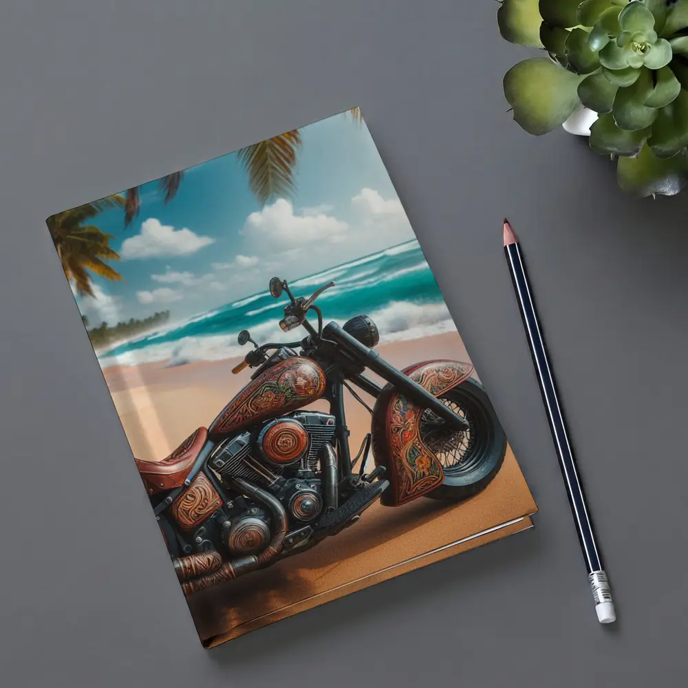 Ornate Chopper Motorcycle on Tropical Beach – Notebooks