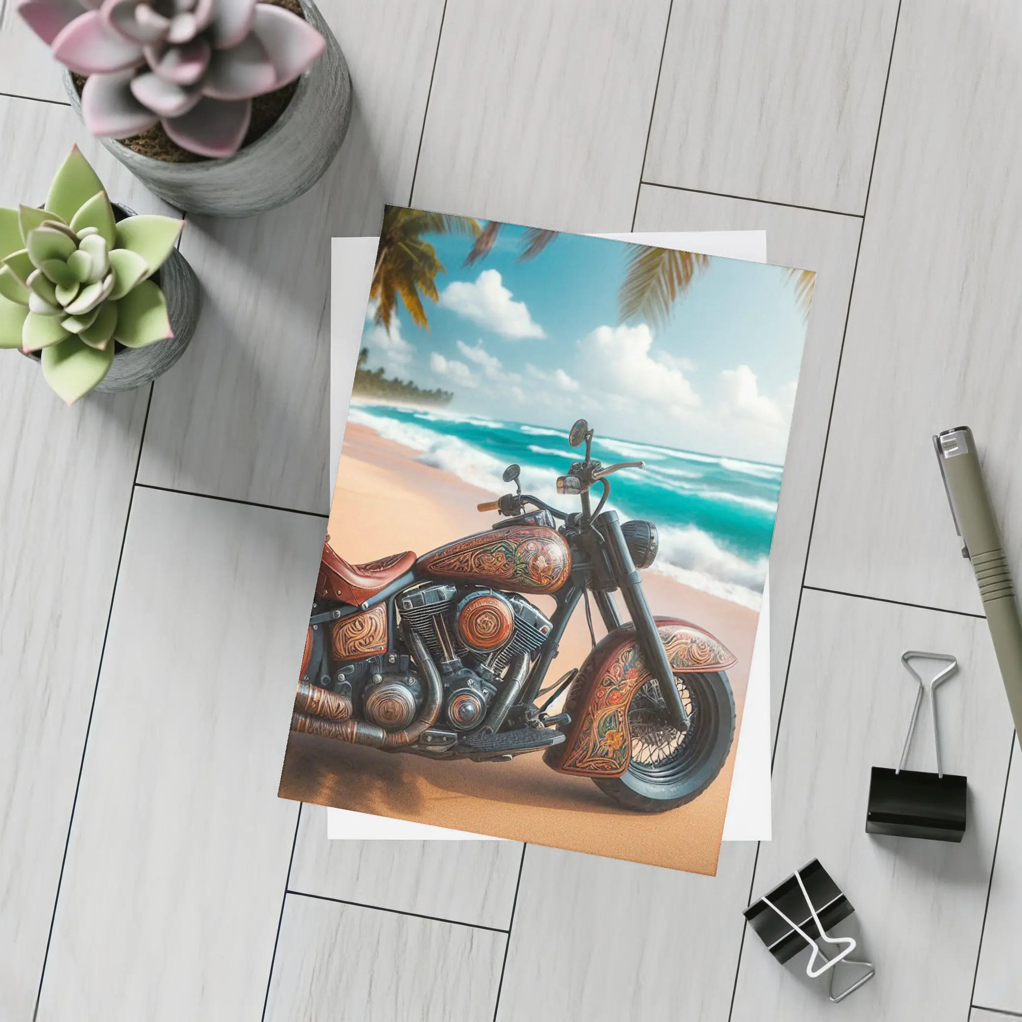 Ornate Chopper Motorcycle on Tropical Beach – Postcards