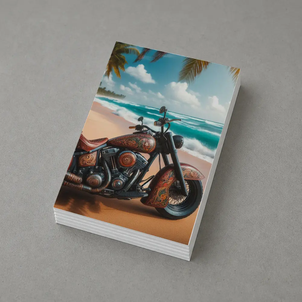 Ornate Chopper Motorcycle on Tropical Beach – Postcards