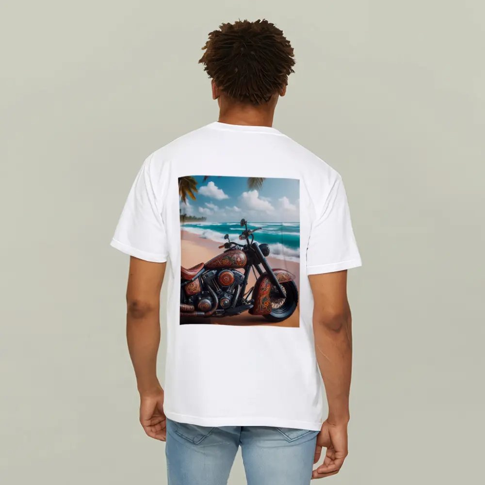 Ornate Chopper Motorcycle on Tropical Beach – T-Shirts